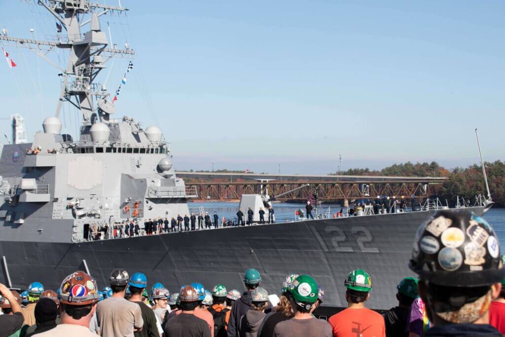 BIW employees watch as DDG 122 sails away